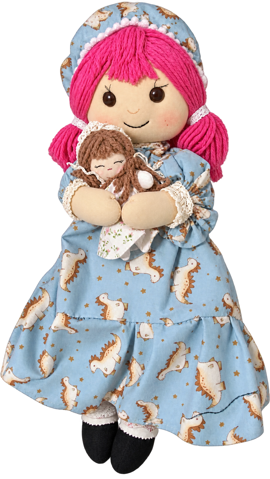 Muñeca artesanal de cabello rosa con una muñequita en brazos